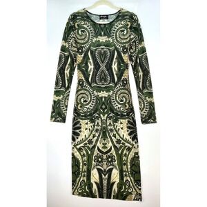 Nasty Gal Dress Green Cream Abstract Print Sheer Sz L Green Long Sleeve Indie
